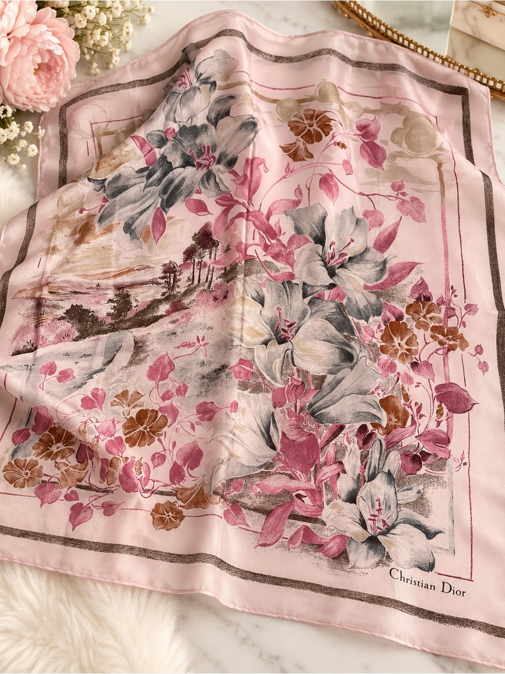 Christian Dior Pink Floral Square Scarf